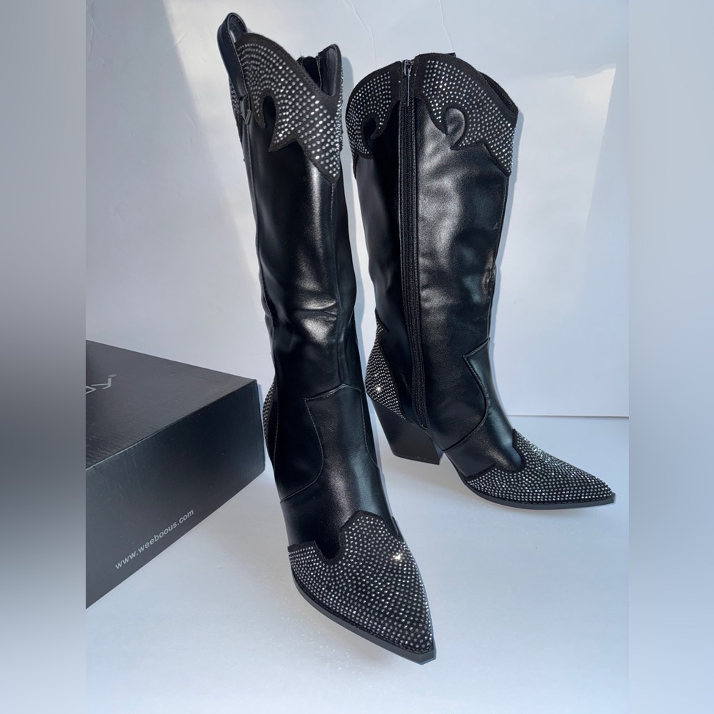 Chunky Heel Rhinestones Western Boots